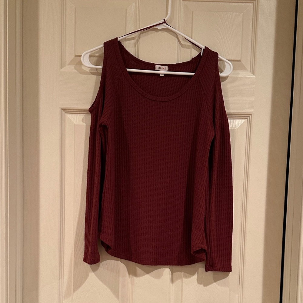 Self-e Maroon Cold Shoulder Long Sleeve Top